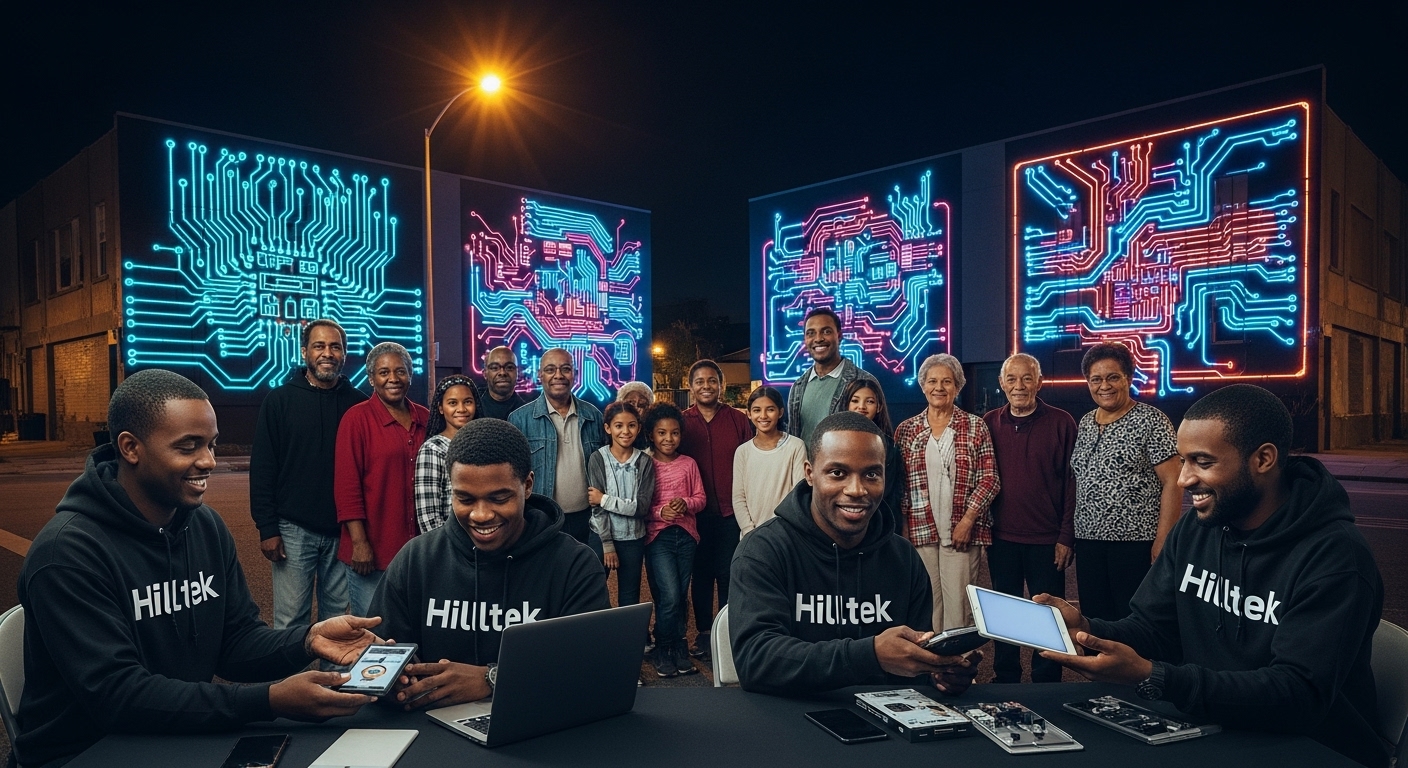 Hilltek team at community tech event with circuit board backdrop