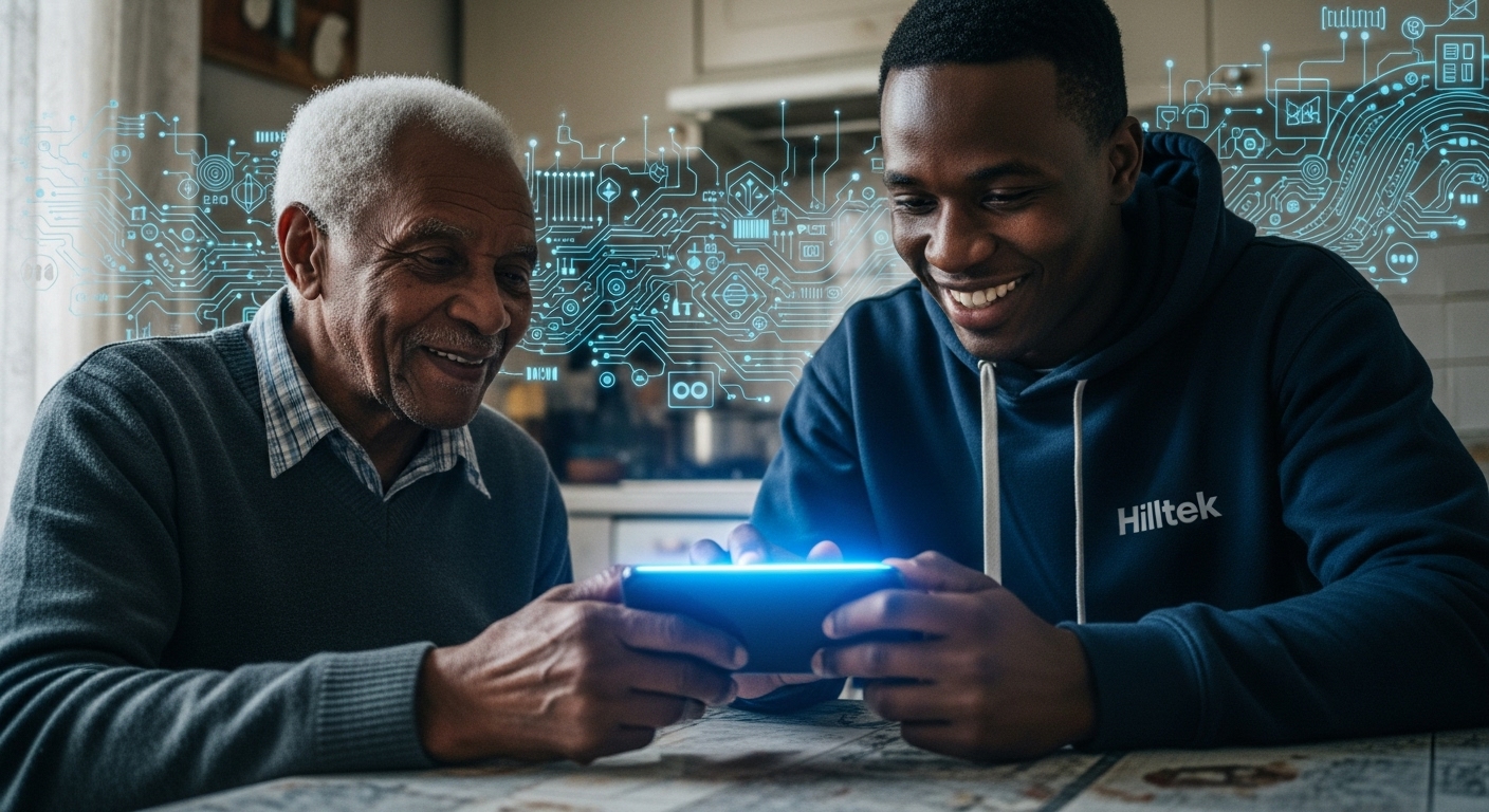 Hilltek team member helping elderly community member with tablet