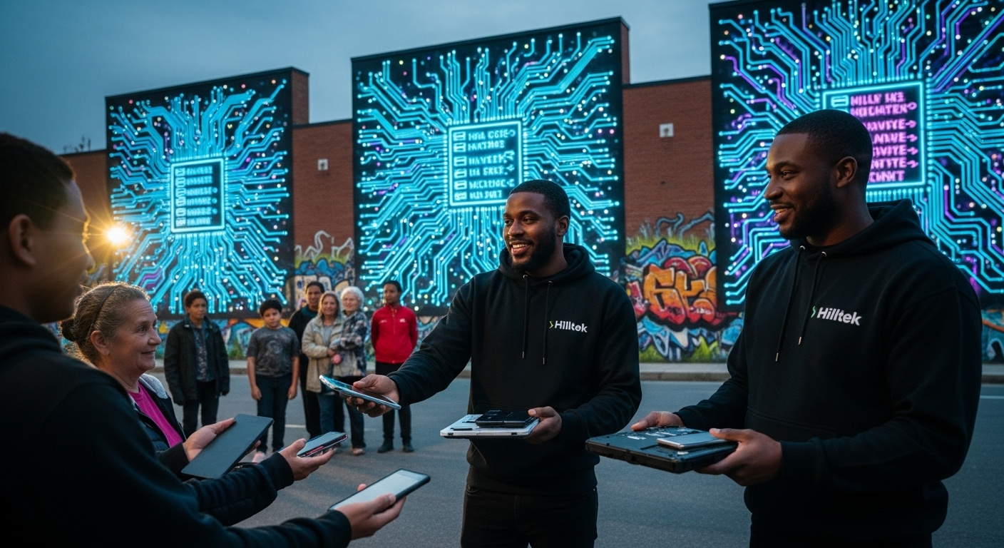 Hilltek team distributing tablets to community members