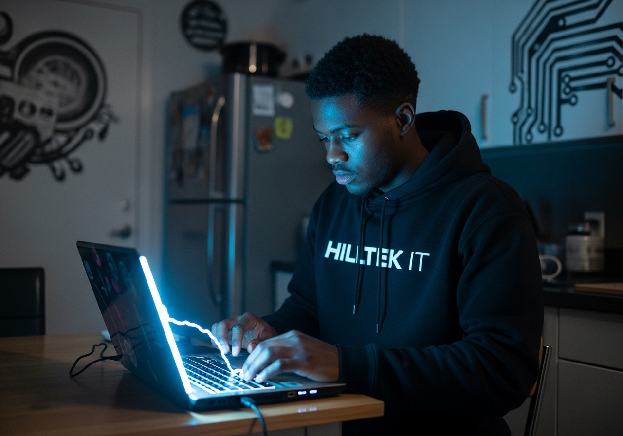 Hilltek IT technician working on laptop with neon lighting